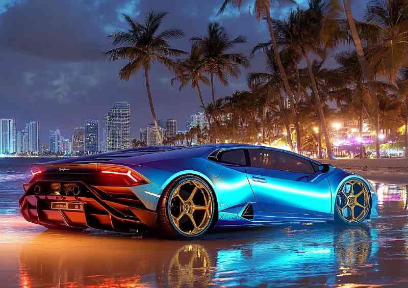 Lamborghini huracan blue and gold city skyline