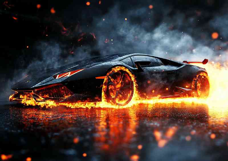 Lamborghini with smoke and fire in black