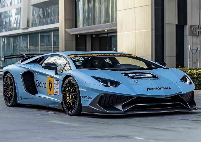 Light blue Lamborghini Aventador with black wheels