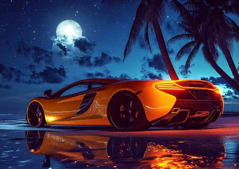 Mclaren car in orange on the beach under stars