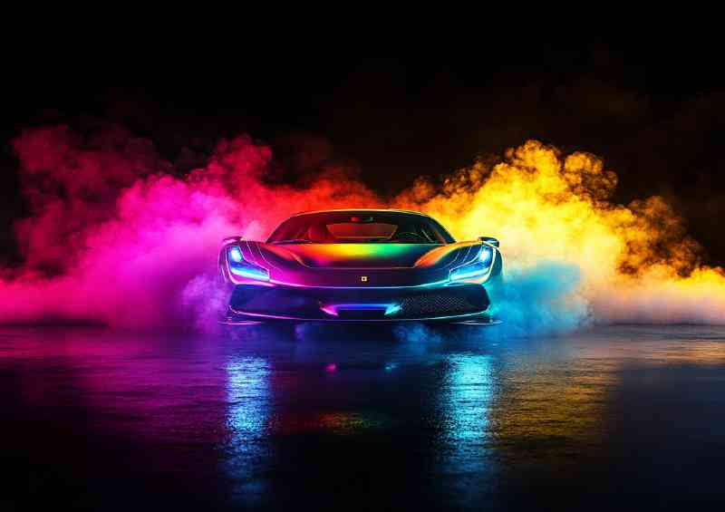 Neon rainbow smoke explosion Ferrari