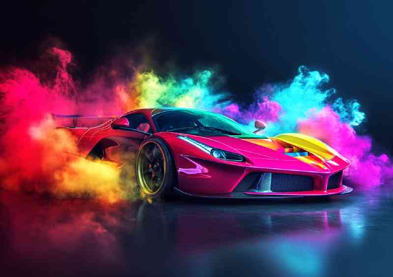 Neon rainbow smoke ferrari car