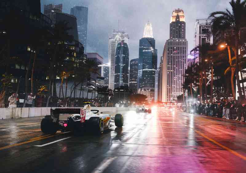 Nighttime urban scene formula one style painting