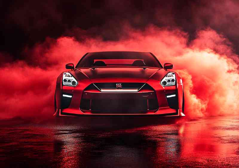 Nissan GTR R35 front view red smoke