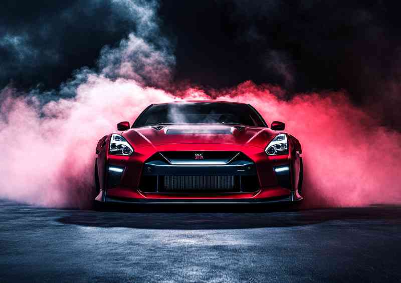 Nissan GTR with smoke in red colour
