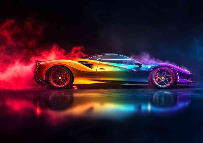 Rainbow colored smoke Ferrari