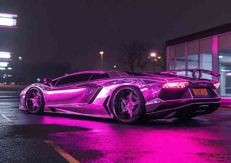 Rear pink Lambourghini Adventador at night