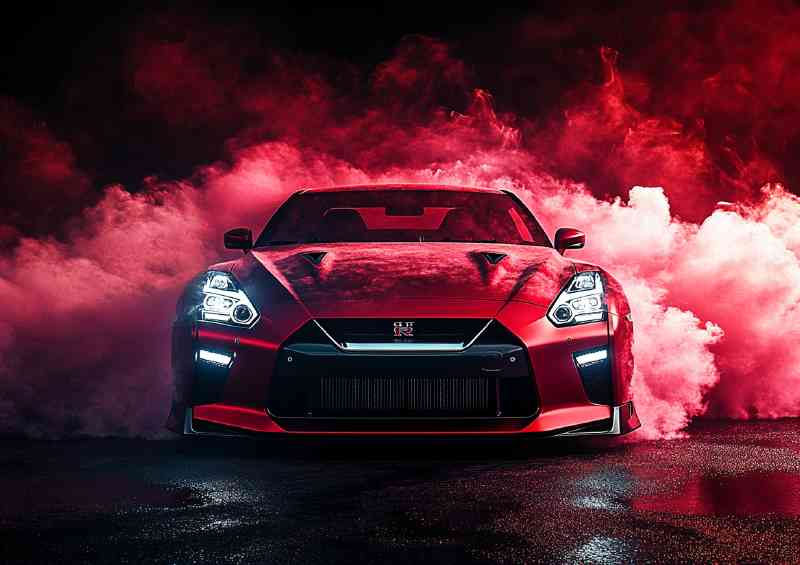 Red Nissan GTR with smoke effects surrounded