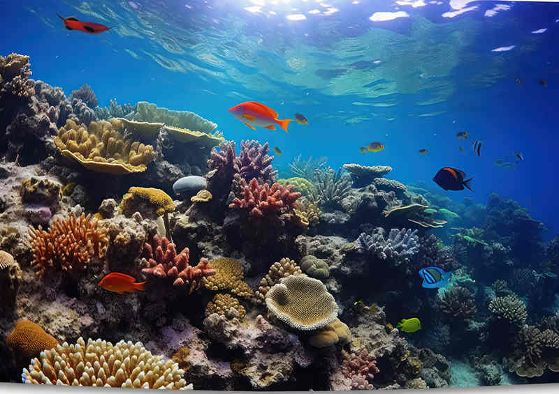 The Coral reef with fish swimming in the water