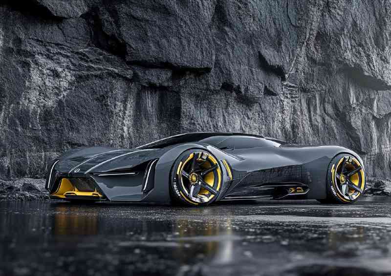 Super car in grey surrounded by rocks