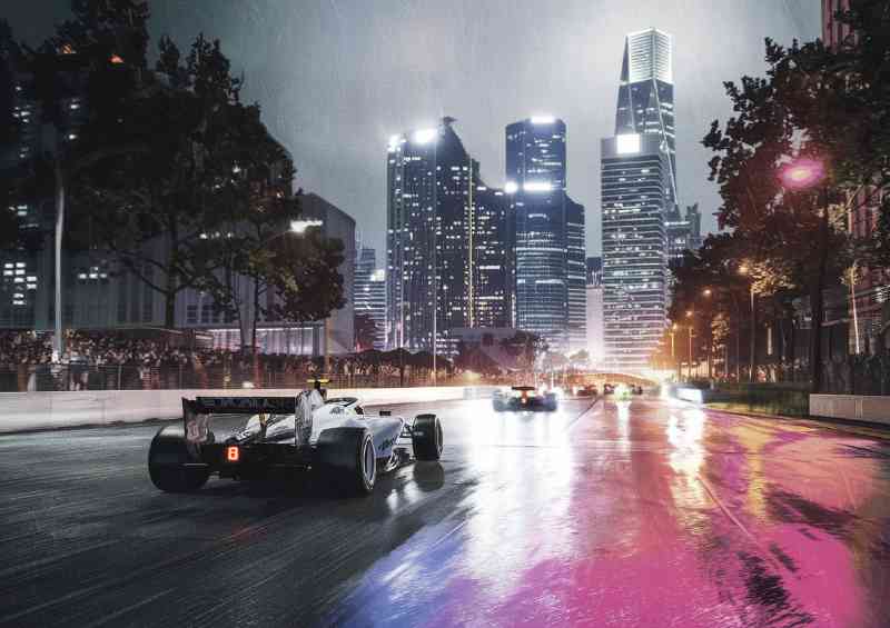 Urban scene with tall skyscrapers formula one painted