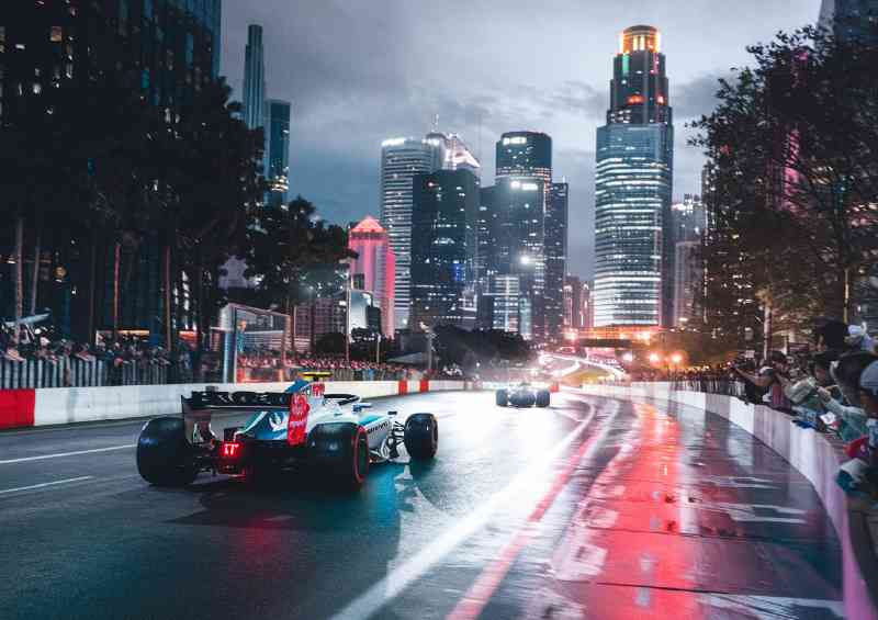 Urban scene with tall skyscrapers formula one style painting