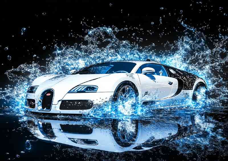 White Bugatti Veyron in blue fire black