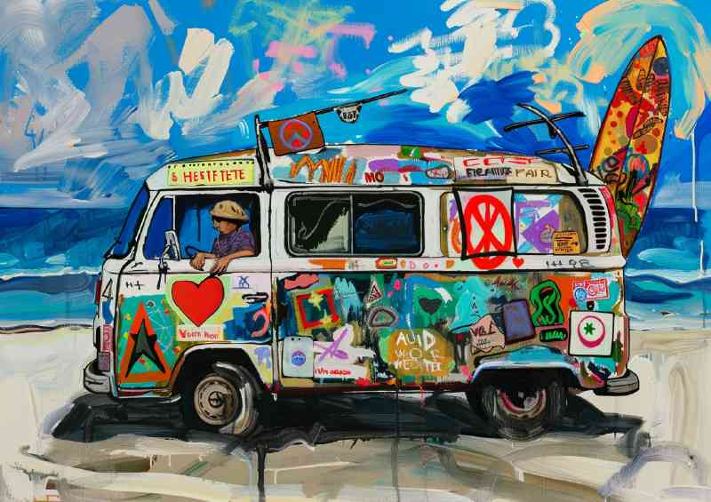 White van covered in colorful graffiti