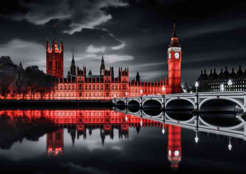 Big ben castle and thames at night in black and white