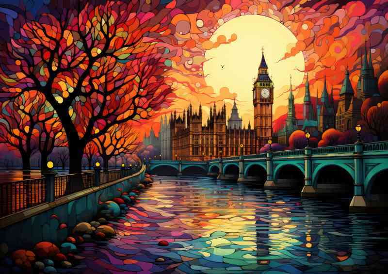 Big ben hanging over an autumnal river London | Metal Poster