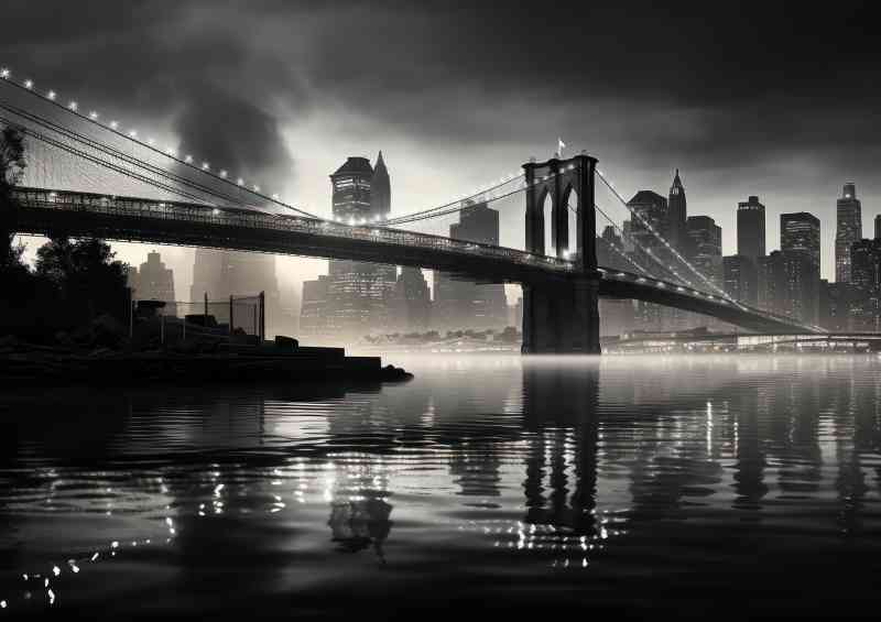 Black and white photo of the brooklyn bridge city