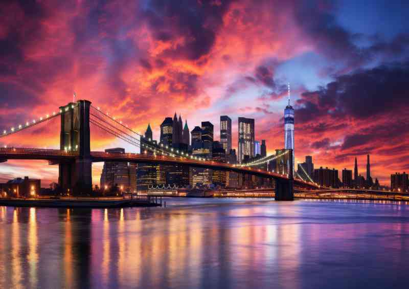 Brooklyn bridge city skyline dusk view