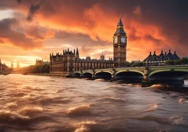 London big ben at sunset crashing waves