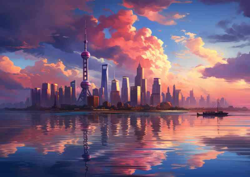 Shanghai skyline at sunset with clouds from the embankment