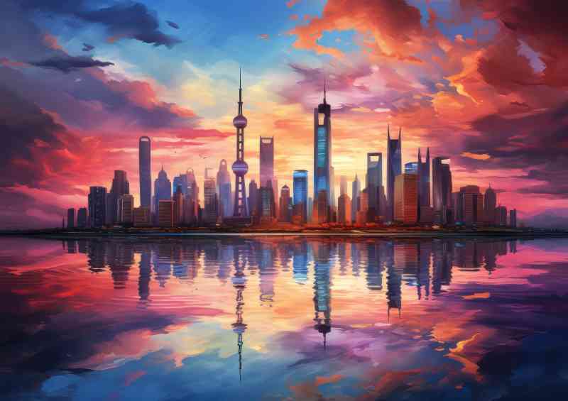 Shanghai skyline at sunset with clouds in the back
