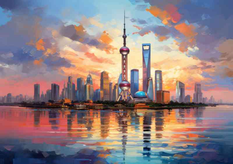 Shanghai skyline at sunset with clouds reflections
