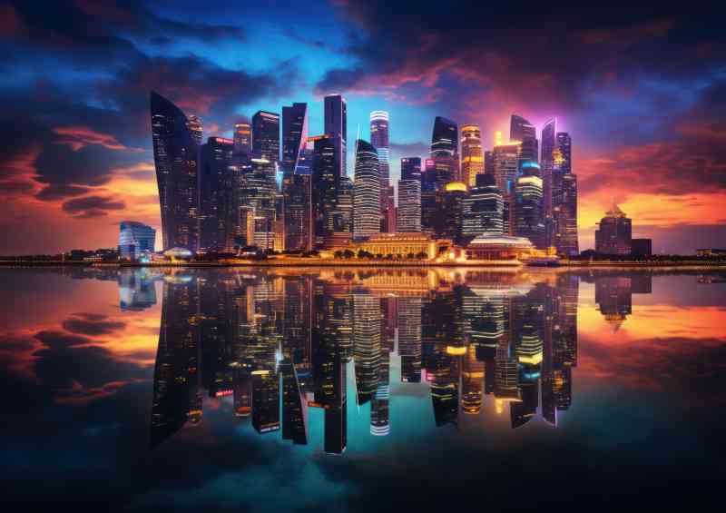Skyline of singapore is reflected in a lake