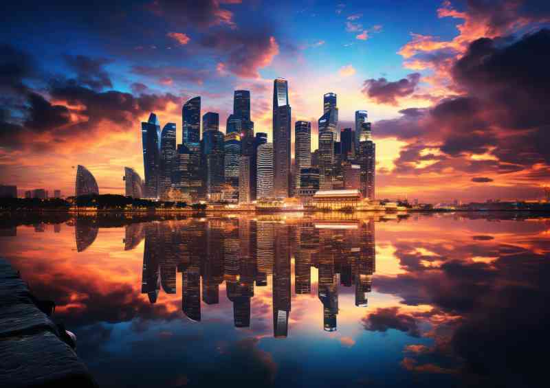 Skyline of singapore reflected in the river dusk
