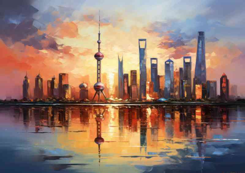 Sun rising over the shanghai reflection skyline