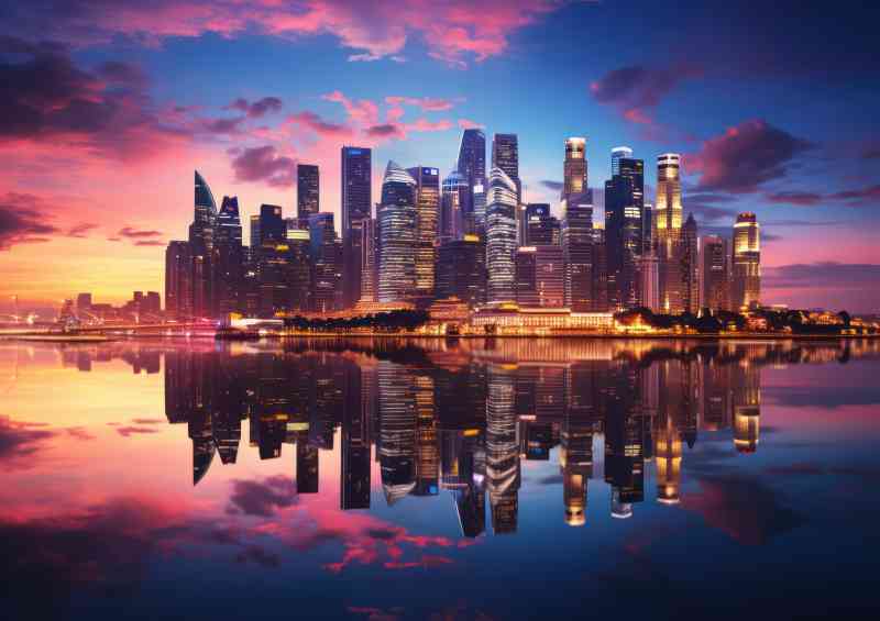 The skyline of singapore is reflected in a lake
