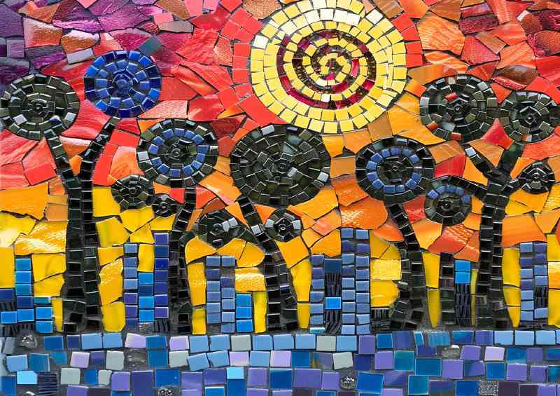 Stained glass village and sun