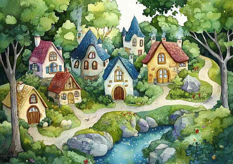 Whimsical fairy tale village houses watercolour style