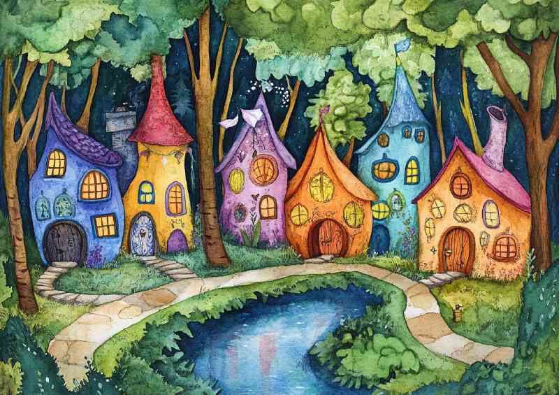Whimsical gnome village by the pond