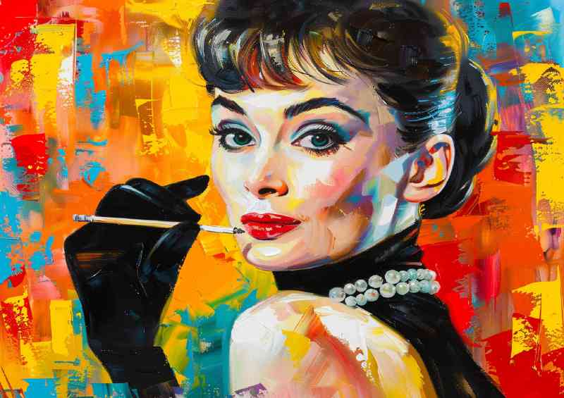 Oil painting of Audrey Hepburn in black gloves