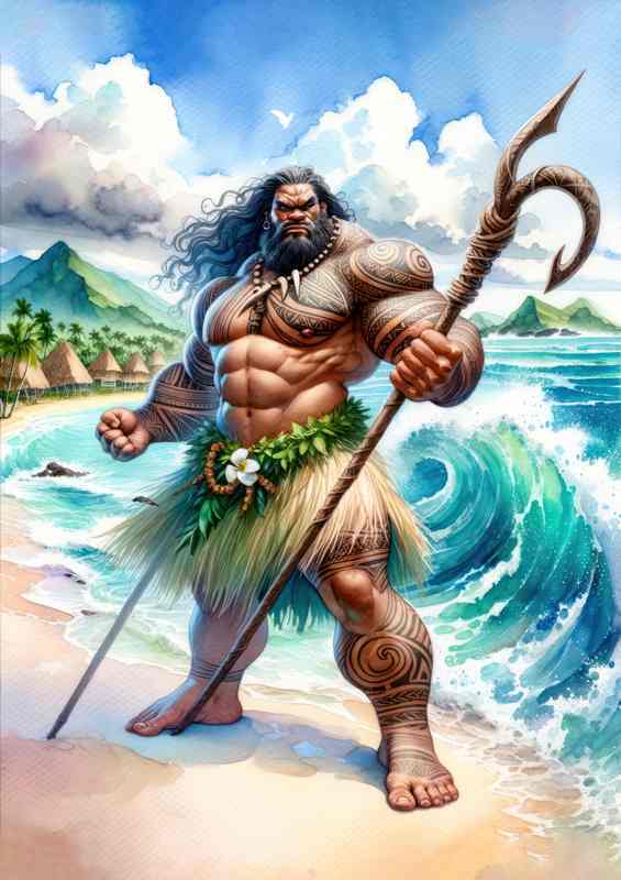 Watercolor painting Polynesian god Maui