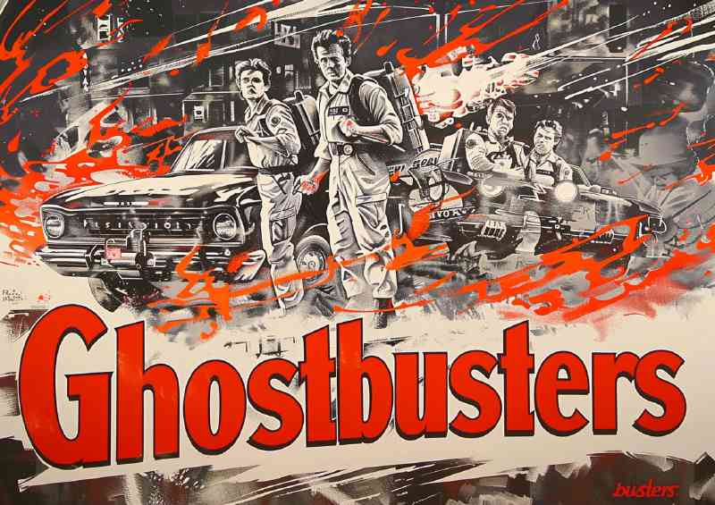 Movie style poster of the ghostbusters