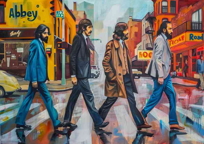 The Beatles walking on the street painted art | Metal Poster