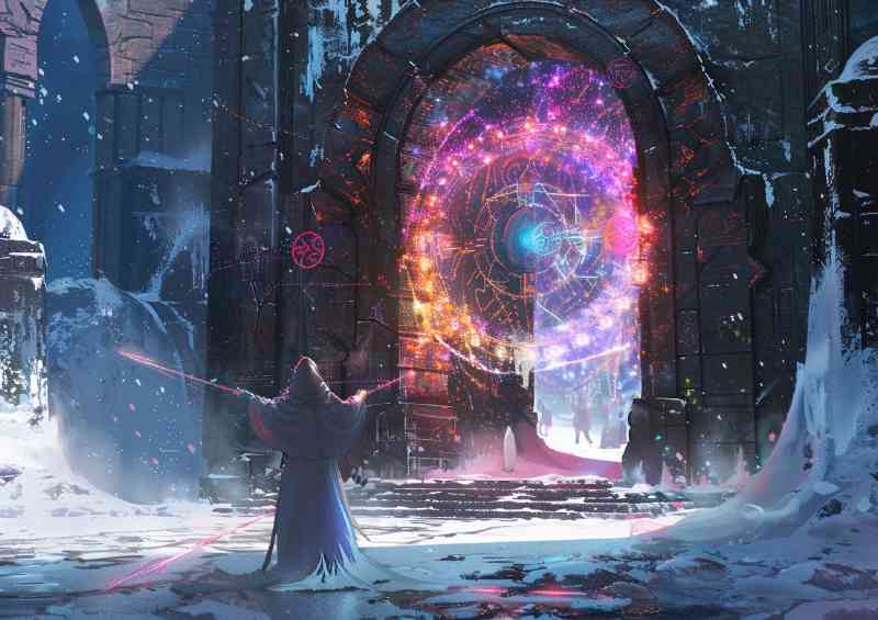 fantasy mage in white robes stands before an elaborate gate way