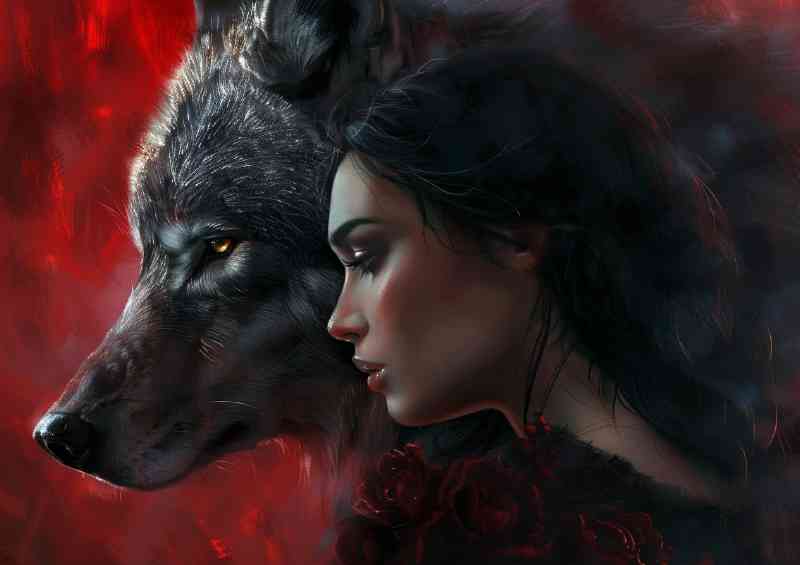 Black haired woman and wolf