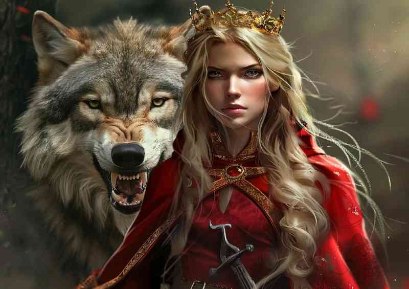 Blonde woman in red cloak and wolf