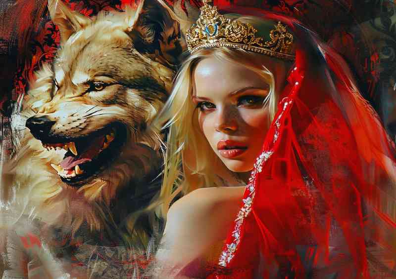 Blonde woman with red viel and wolf