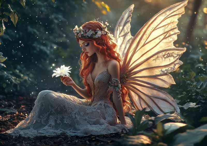 Fairy sitting in the woods with a flower