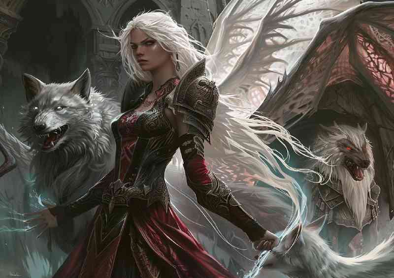 Fairy with wings and wolfs