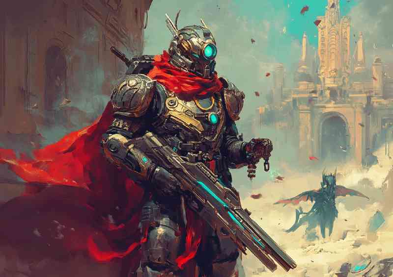 Futuristic fantasy knight in red cape