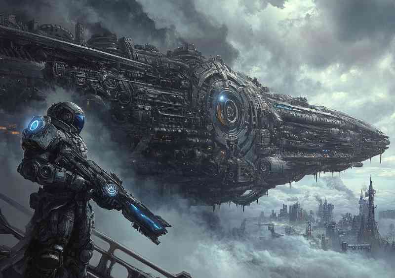 Futuristic knight holding electric rifel