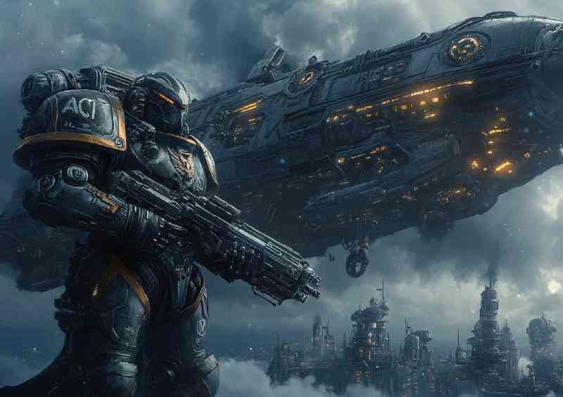 Futuristic knight holding his amour