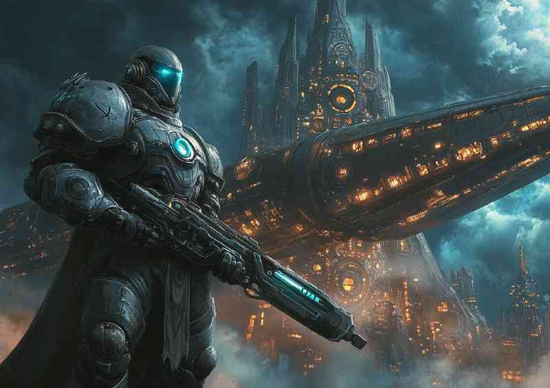 Futuristic knight in armor holding an energy rifle