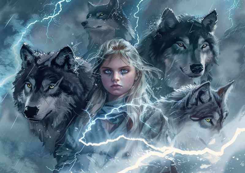 Girl with her protecting white wolves lightning