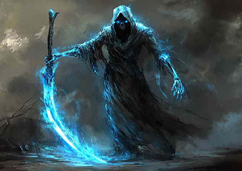 Glowing blue scythe fantasy grimm reaper