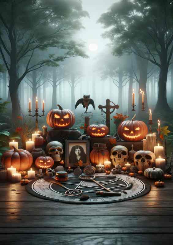 Wiccan altar setup for Samhain with carved pumpkins